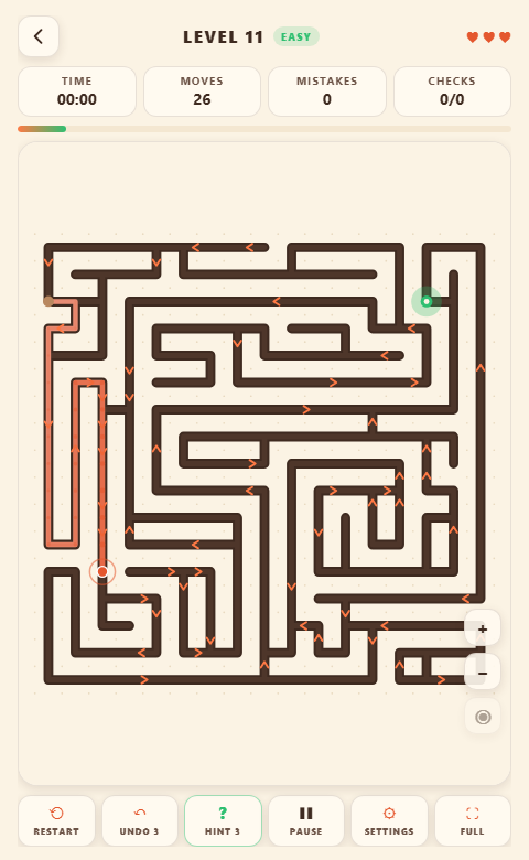 A level of Amaze Go Arrow Puzzle: a brown maze on cream paper with orange one-way arrows, a coral dot on its route and a green exit.